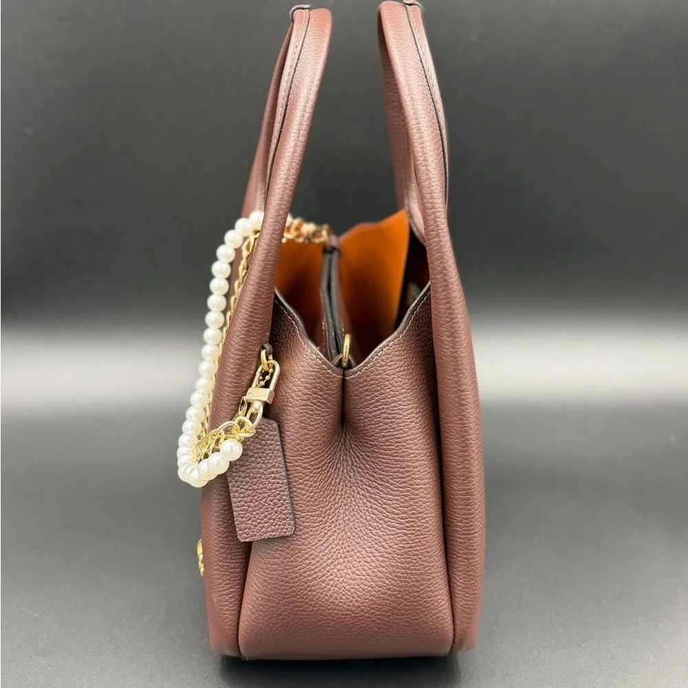 Coach Brown Leather Shoulder Bag with Pearl Chain - Picture 3 of 9